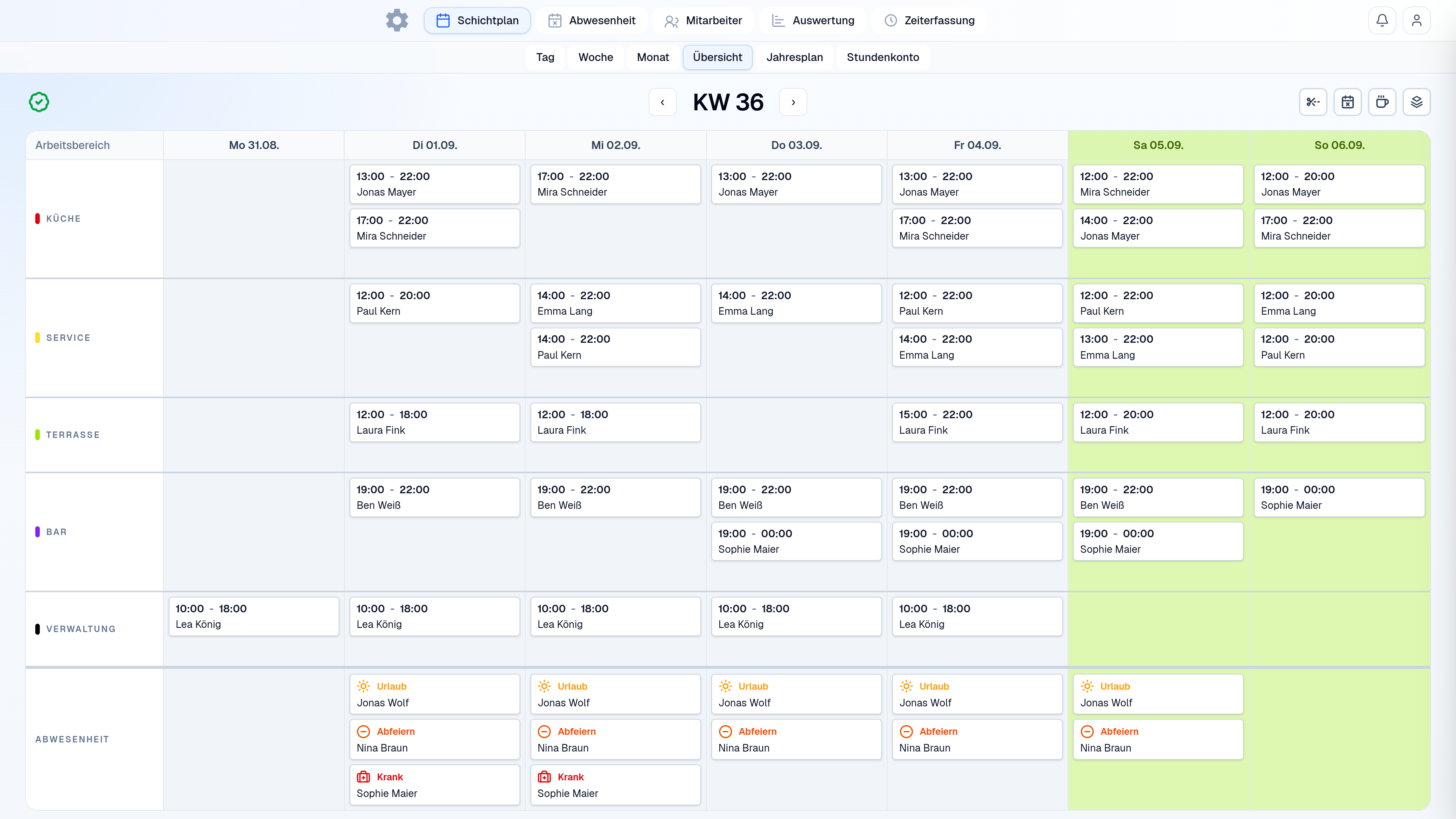 Übersicht der App mit Wochenansicht und Schichten pro Arbeitsbereich